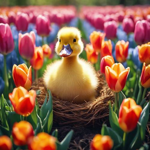 一只毛茸茸的小鸭子舒适地依偎在一片色彩鲜艳的郁金香丛中。
