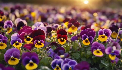 A field full of colorful pansies under the setting sun.