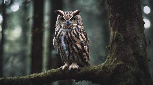 Uma coruja empoleirada no alto de um galho de uma árvore em uma floresta escura, observando atentamente com seus olhos brilhantes.