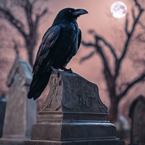 A spectral raven perched on a tombstone with uncanny glowing eyes, in a graveyard under a waning crescent moon.