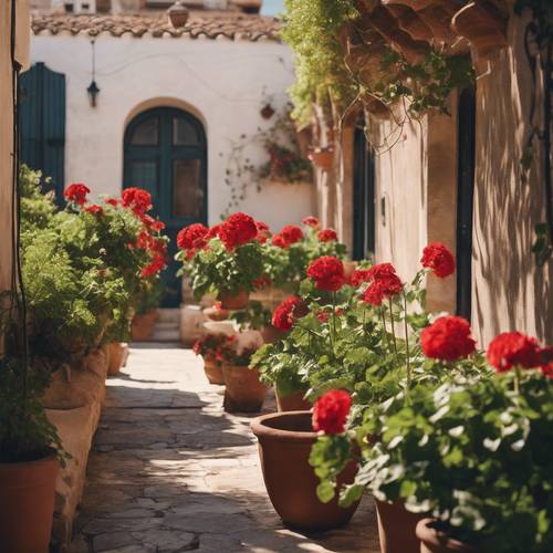 A Mediterranean courtyard dotted with potted geraniums soaking up the summer sun.