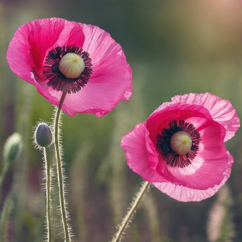 Two bright pink poppies growing side-by-side from a single stem.