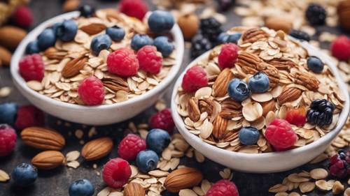 Display of fiber-rich oats, nuts and berries for a healthy breakfast.