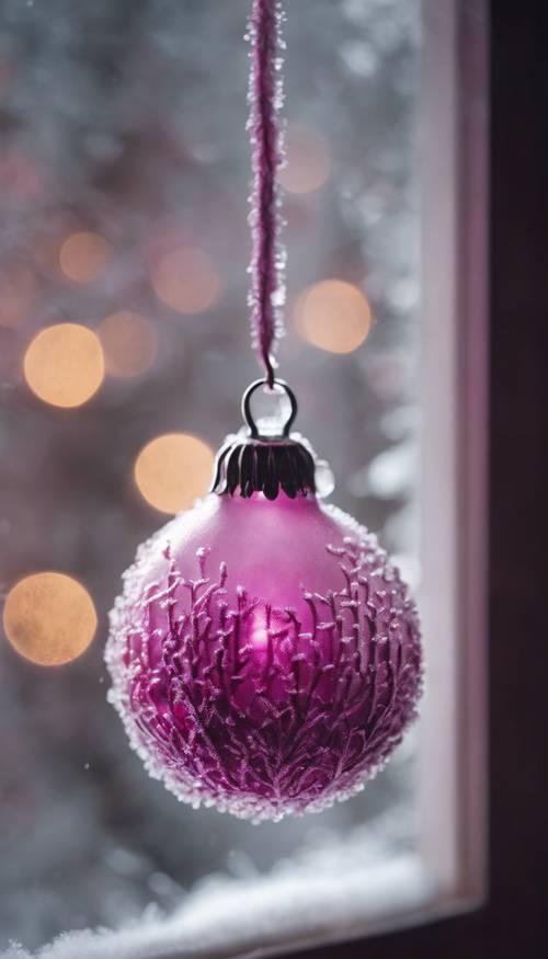 A magenta Christmas bulb hanging in a frost-covered window. Tapetai [3990d31247c54f31b5f1]