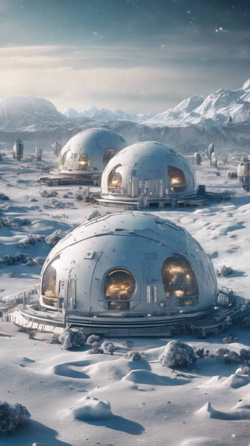 A space colony living under protective domes on an icy moon.