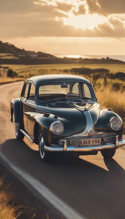 Ein Oldtimer fährt auf einer Küstenstraße, im Hintergrund wirft die untergehende Sonne lange Schatten und zeigt eine malerische Sommerlandschaft.