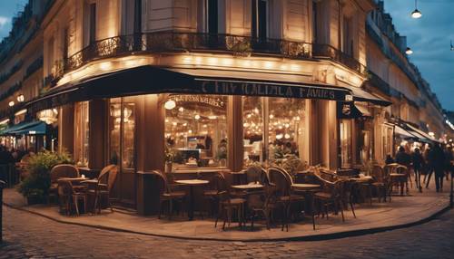Kafe jalanan Paris yang menawan di bawah cahaya malam yang lembut.