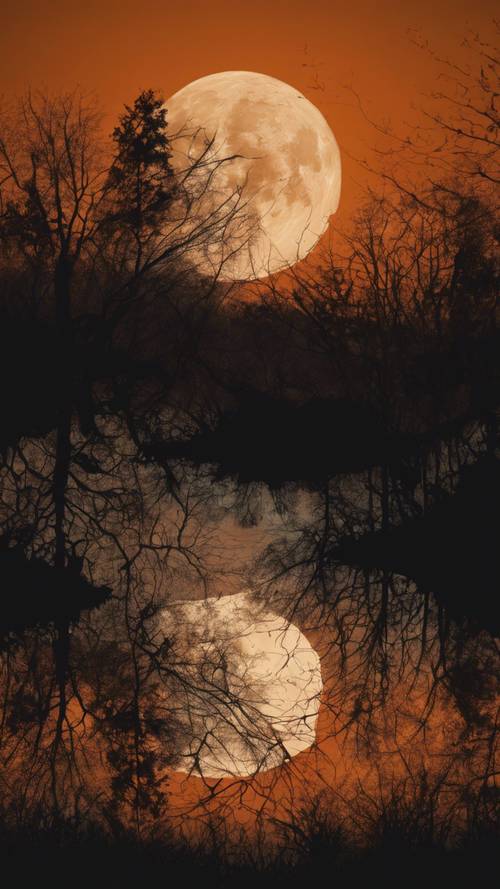Gleaming full moon over black silhouetted forest contrasted by a deep orange sky.