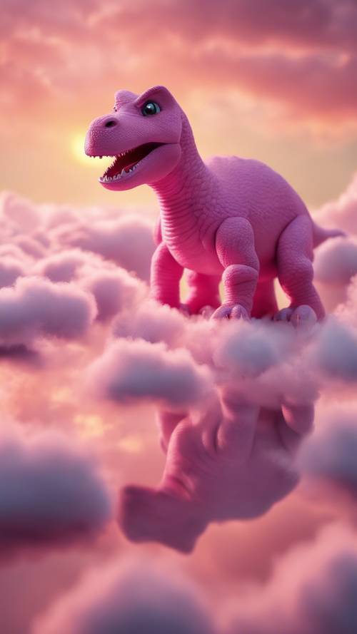 Um dinossauro rosa aninhado confortavelmente entre nuvens macias e fofas ao pôr do sol.