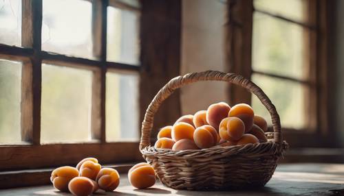 A basket of apricots next to a cozy rustic kitchen window.