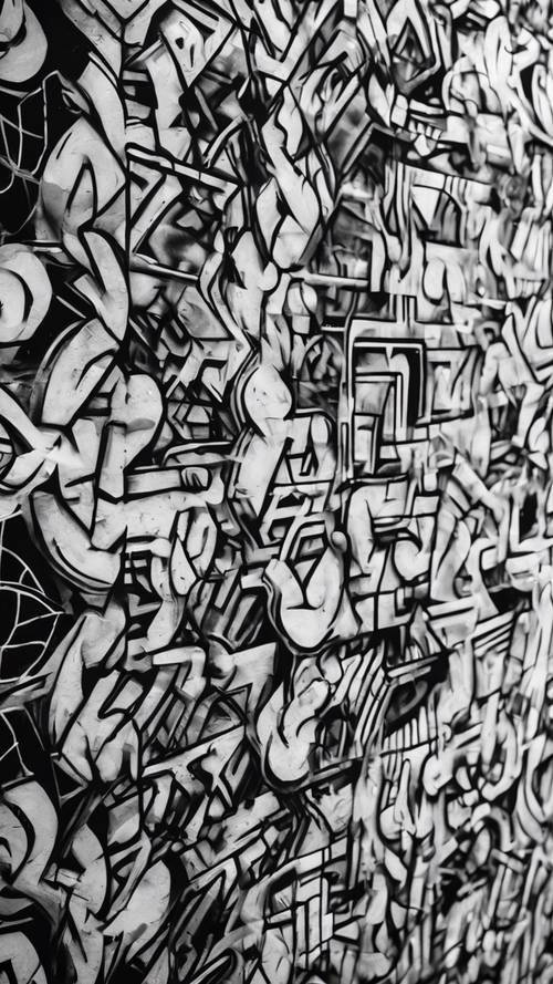 Graffiti-Kunstwerk in Schwarzweiß, das ein komplexes abstraktes Muster zeigt.