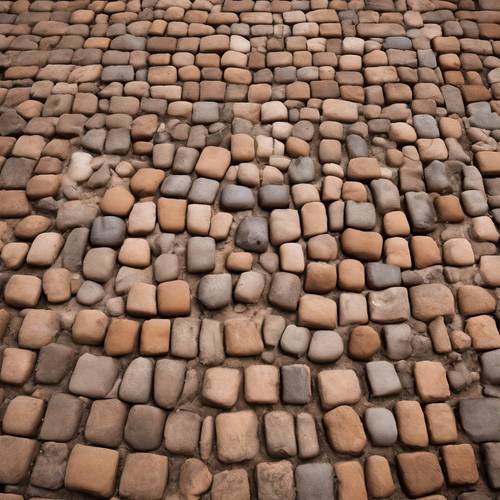 Uma vista de cima para baixo de uma rua de paralelepípedos composta de tijolos castanhos.