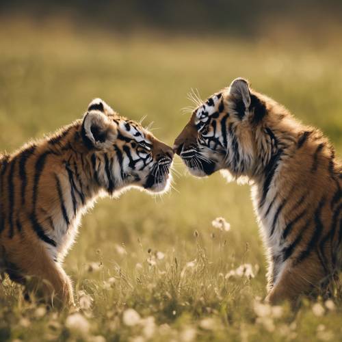 Dwa młode mocują się ze sobą na słonecznej łące, a ich matka, tygrysica, obserwuje je z daleka