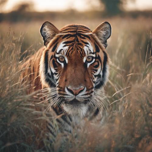 Um tigre vermelho perseguindo sua presa na grama alta da savana.