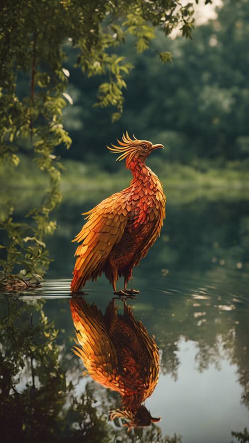 Seekor burung phoenix yang anggun menatap pantulan dirinya di danau kristal jernih yang dikelilingi tanaman hijau subur.
