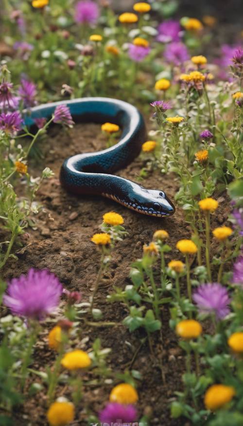 Una serpiente de cuello anillado deslizándose silenciosamente sobre un parche de vibrantes flores silvestres.