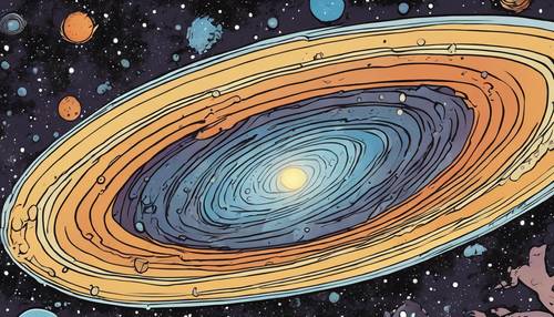 Representasi kartun galaksi Andromeda, dengan lengan spiral berbatas tegas bertabur bintang.