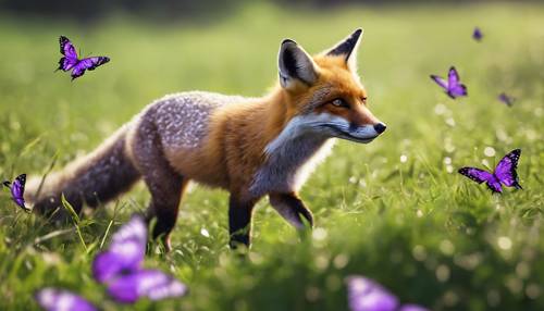 Un joven zorro morado retozando en un exuberante campo verde con mariposas revoloteando a su alrededor.