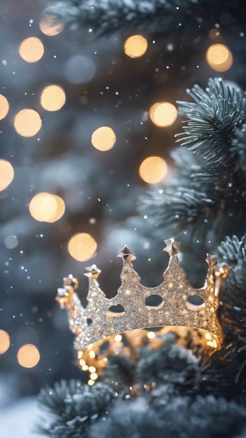 Một chiếc vương miện làm từ những ngọn đèn Giáng sinh lấp lánh treo trên cây linh sam phủ đầy tuyết.