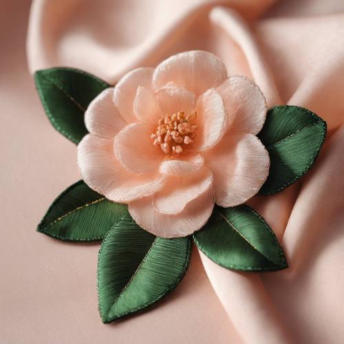 An embroidered camellia flower on a soft, peach-colored silk fabric.