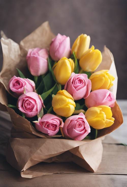 Buket mawar merah muda dan tulip kuning dibungkus kertas kerajinan.