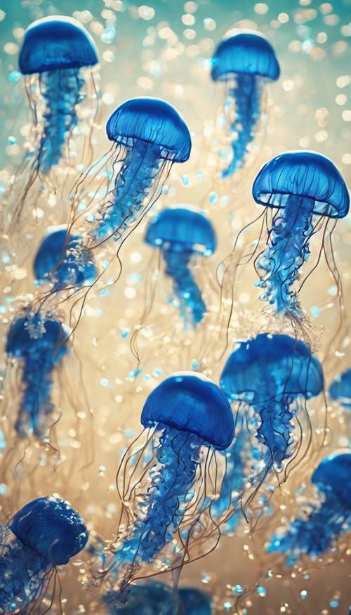 Centinaia di piccole meduse blu neon che sciamano insieme nel mare.