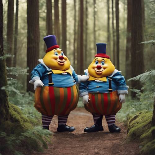 Si kembar Tweedle Dee dan Tweedle Dum berdebat di tengah hutan, dengan Alice memperhatikan dengan bingung. Wallpaper [19ec759f005247398f1c]