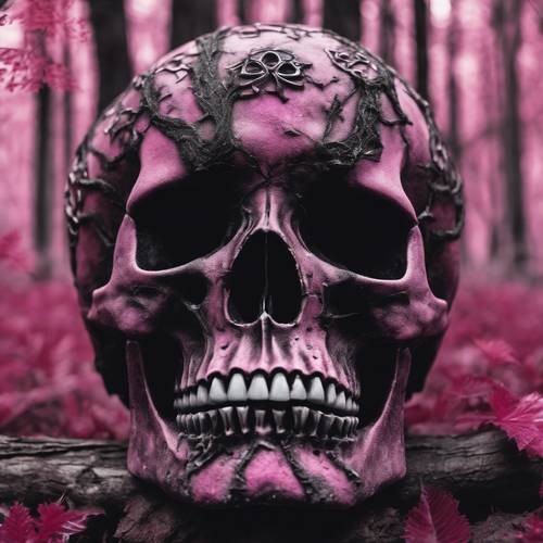 鑲嵌在神秘森林場景中的哥德式粉紅色和黑色頭骨。