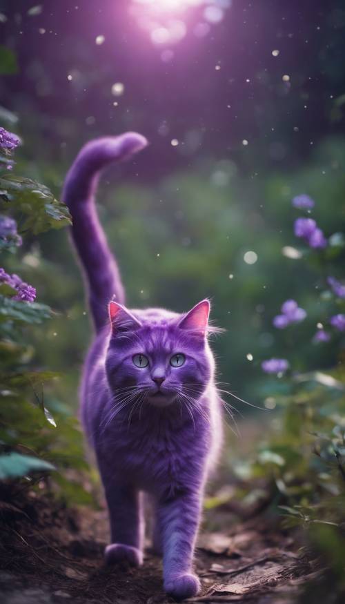 A young, lively purple cat walking in a moonlit forest. Tapeta [0395151e4049427fbb01]