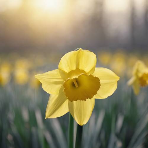 一朵水仙花，明亮的黃色喇叭在柔和的晨光中閃閃發光，預示著春天的到來。