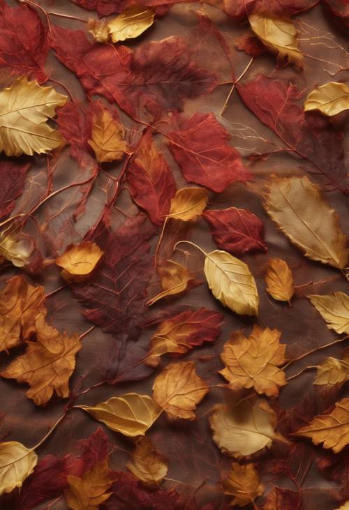 Vista macro di un motivo in tessuto di seta che ricorda una pittoresca foresta autunnale con foglie dorate, rosse e marroni.
