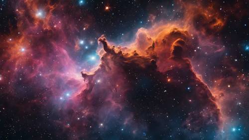 A deep space nebula, shrouded in darkness with bursts of bright, colorful gases.