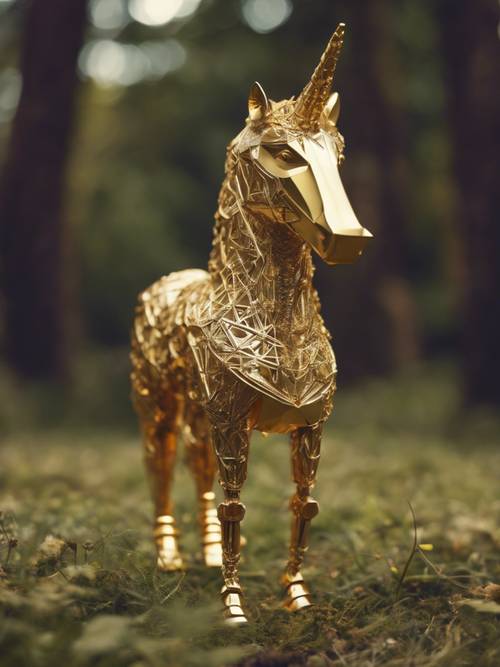 Un místico unicornio geométrico dorado parado sobre una colina cubierta de hierba.
