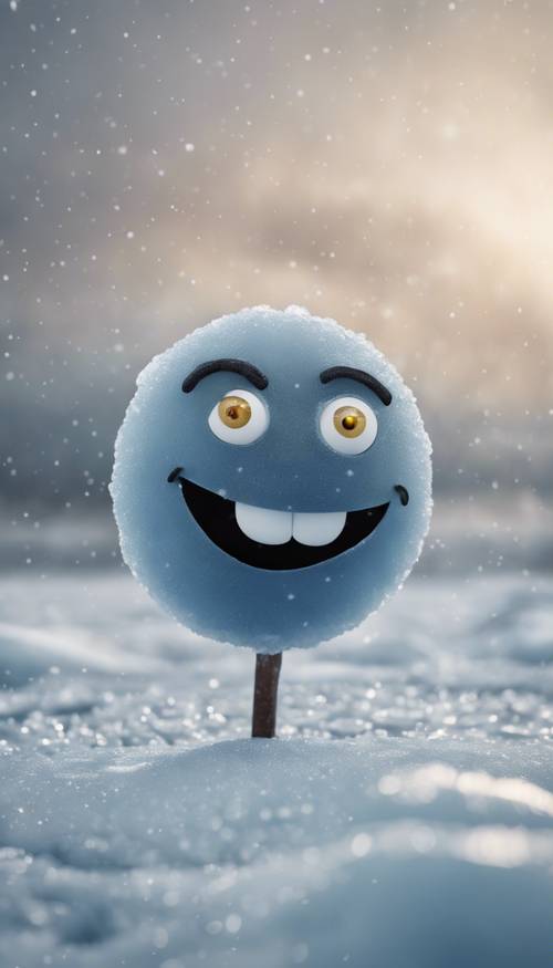 An image of an emoji that looks like a sullen, angry face, placed on a stark frigid ice landscape, with a blizzard howling in the backdrop. Divar kağızı [7dfe37b3fbc548f58ec3]