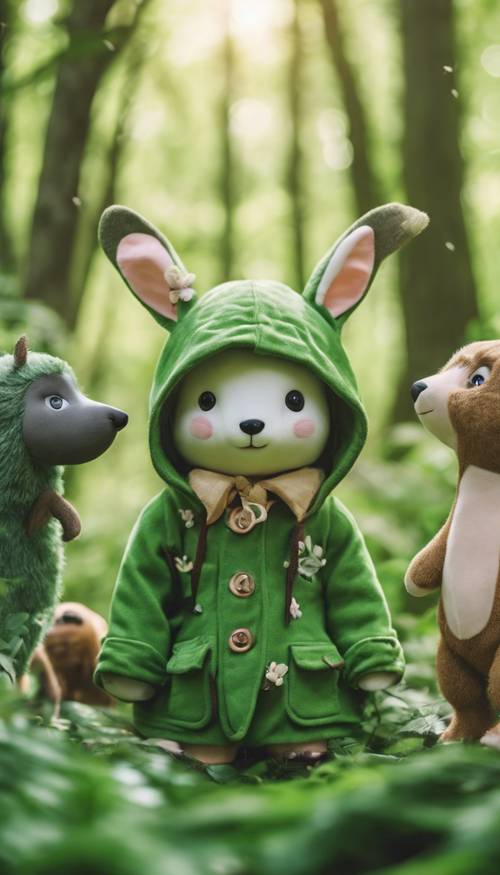 יער ירוק ומקסים מלא בבעלי חיים לבושים בבגדים בסגנון קוואי.