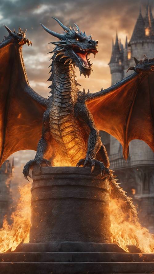 Un dragon cool CGI rendu dans une scène de film à succès, embrasant un château médiéval enchanté.