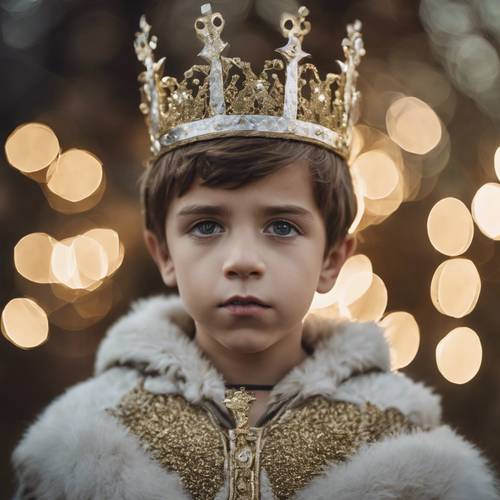 Seorang anak laki-laki mengenakan mahkota buatan tangan dan berpura-pura menjadi raja.