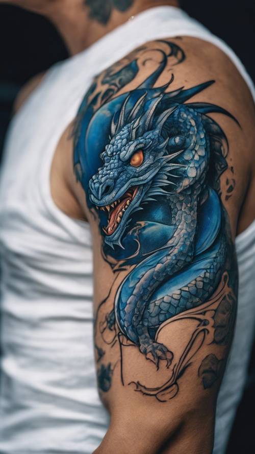 A gracefully curving, cool dragon, tattooed in bold blacks and blues on a surfer's arm.