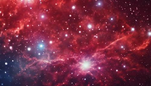 Eine weit entfernte Galaxie, deren dominierende Farbe eine leuchtend rote Aura ist, die vor interstellarer Energie schimmert.