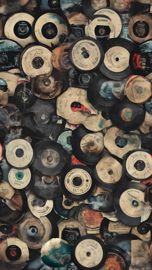 A seamless pattern of worn-out vintage vinyl records and grunge typography.