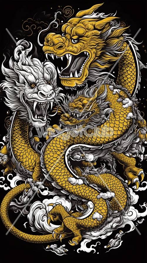 Fierce Yellow and White Dragons Art壁紙[2fc67c152cf2409f9b26]