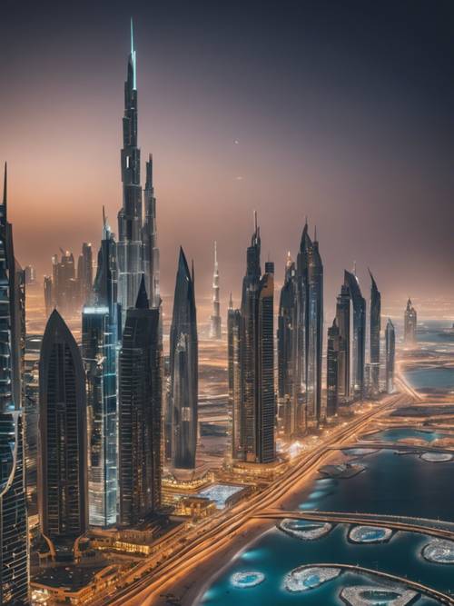 A futuristic Dubai skyline at night filled with towering skyscrapers made of gleaming glass.
