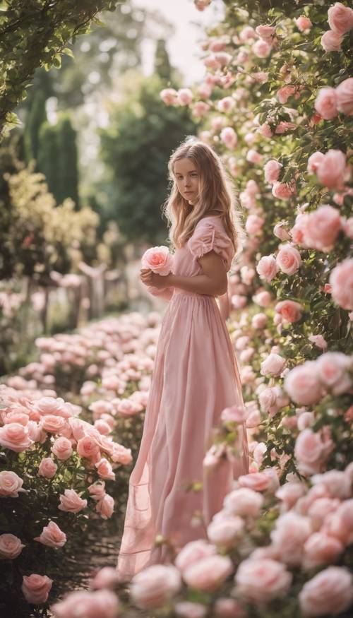 Seorang gadis muda mengenakan gaun merah muda pastel berjalan-jalan di taman mawar.