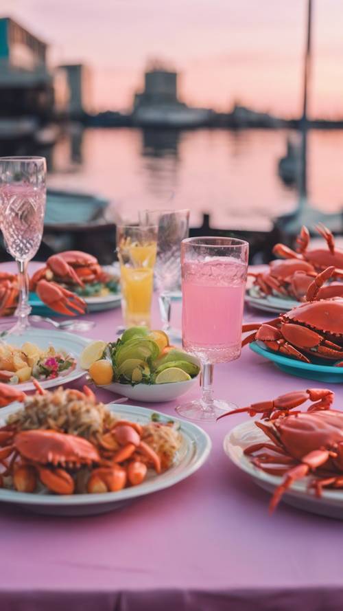 霓虹燈碼頭邊的螃蟹盛宴配有學院風、柔和色彩的餐桌佈置。