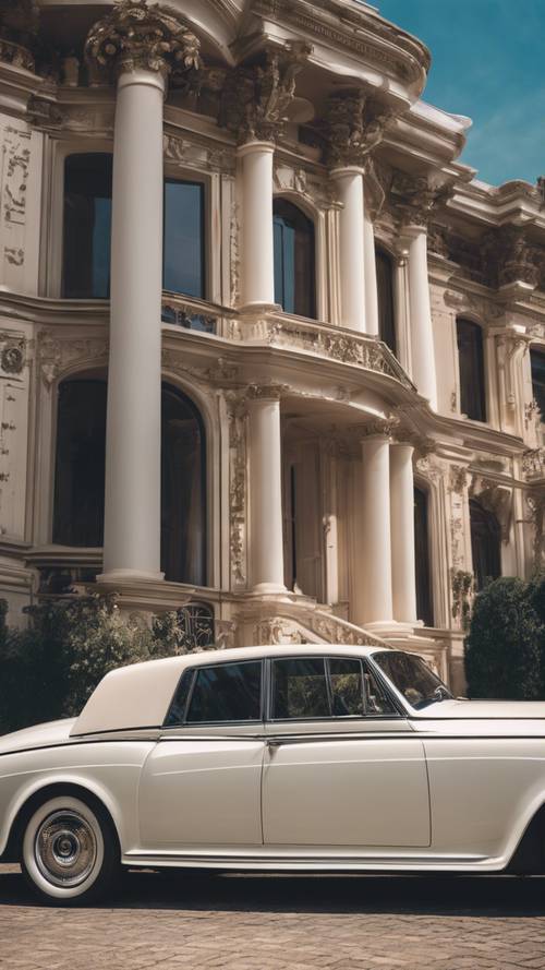 Um elegante Rolls Royce vintage estacionado majestosamente em frente a uma grande mansão vitoriana