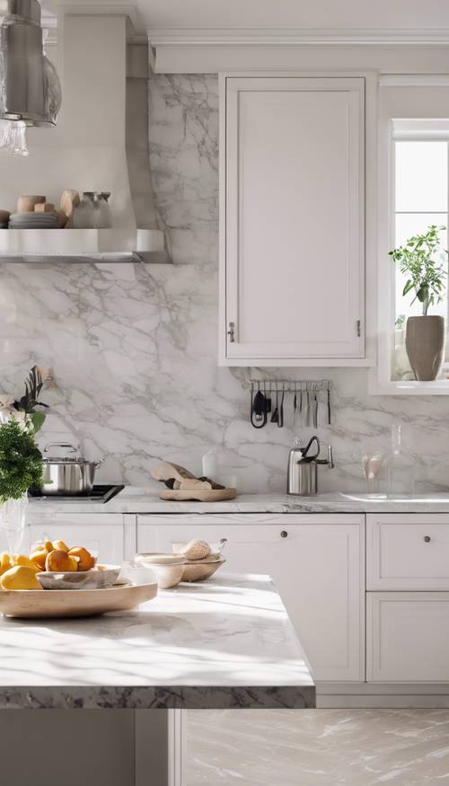 Uma cozinha elegante e minimalista com armários brancos, bancadas de mármore e eletrodomésticos de aço inoxidável sob luz solar diurna.