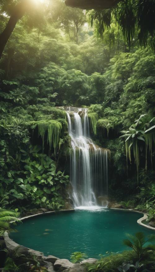 Uma pitoresca cachoeira verde na selva caindo em uma piscina repleta de vida selvagem.