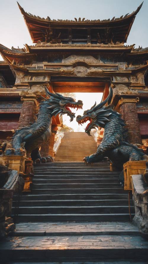 Um dragão de duas cabeças guardando a entrada de um misterioso templo antigo.