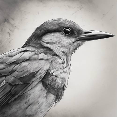 A monochrome pencil sketch of a black and white bird, detailed with soft shading.