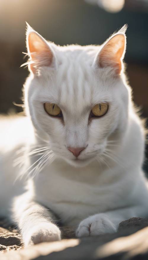 Белый кот с характерными черными полосками лежит на солнце.